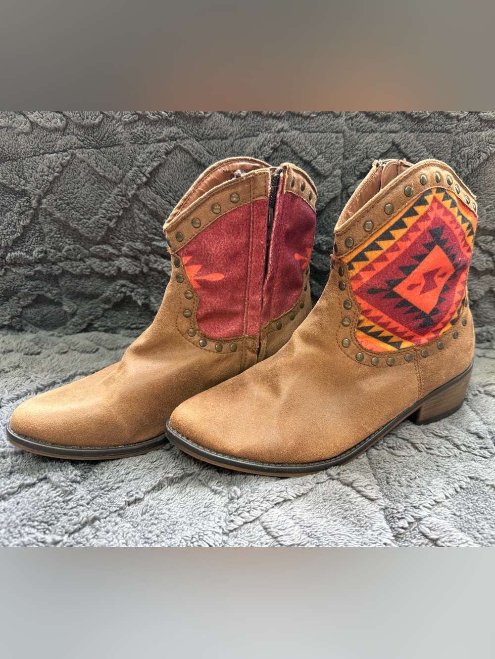 Southwestern boho faux Suede Ankle Boots with Aztec Panels-(women 8)